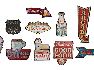 Colorful Vintage Decorative Lights With Retro Signs For Coffee Shop And Burgers 3d model