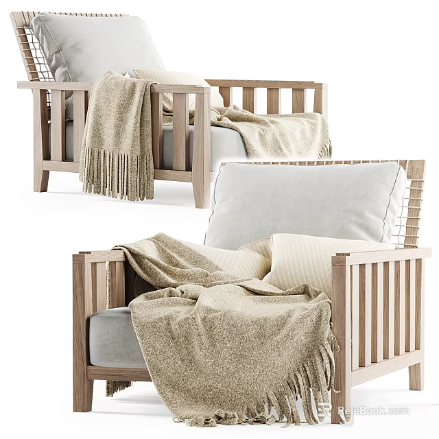 Cozy Leisure Chair With Wooden Frame Woven Backrest Light Cushion And Beige Blanket 3d model 