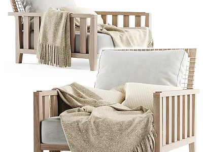 Cozy Leisure Chair With Wooden Frame Woven Backrest Light Cushion And Beige Blanket 3d model