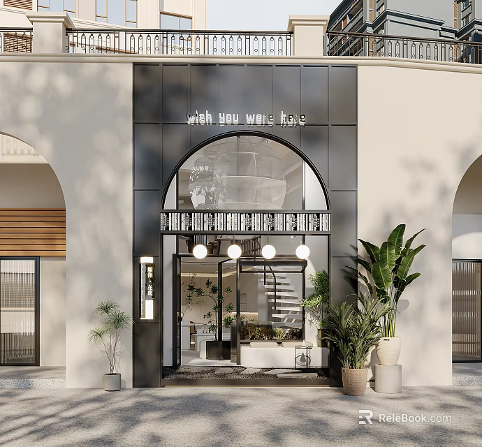 Modern Shop Facade With Glass Door Black Frame Green Plants And Pendant Lighting Design 3d model 