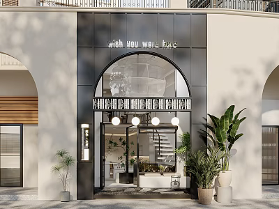 Modern Shop Facade With Glass Door Black Frame Green Plants And Pendant Lighting Design 3d model