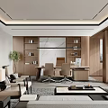 Modern Office Interior With Chinese Ink Painting And Wooden Tea Table Setup