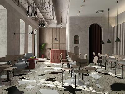 Modern Café Interior With Geometric Pendant Lights Arched Doorway And Patterned Flooring 3d model
