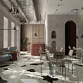 Modern Café Interior With Geometric Pendant Lights Arched Doorway And Patterned Flooring