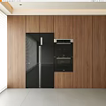 Modern Kitchen With Wooden Cabinets Black Refrigerator And Built In Oven Microwave Appliances