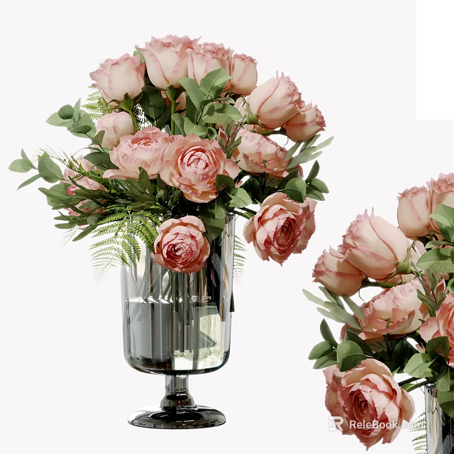 Pink Roses With Green Leaves In Transparent Glass Vase For Home Decoration 3d model 