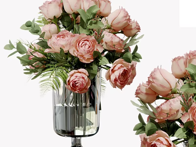 Pink Roses With Green Leaves In Transparent Glass Vase For Home Decoration 3d model