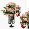 Pink Roses With Green Leaves In Transparent Glass Vase For Home Decoration