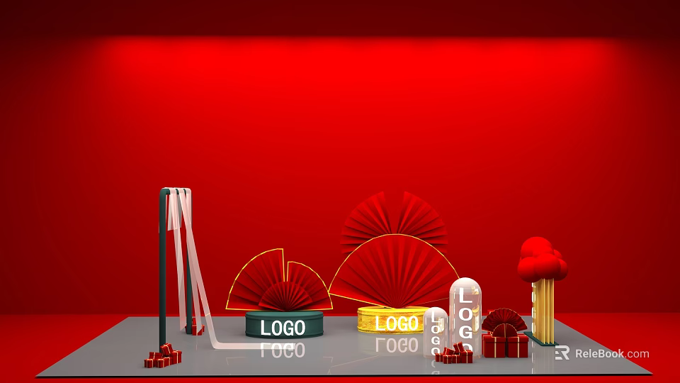 Red Background Display With Fan Decorations Logo Gold Elements And Gift Boxes 3d model