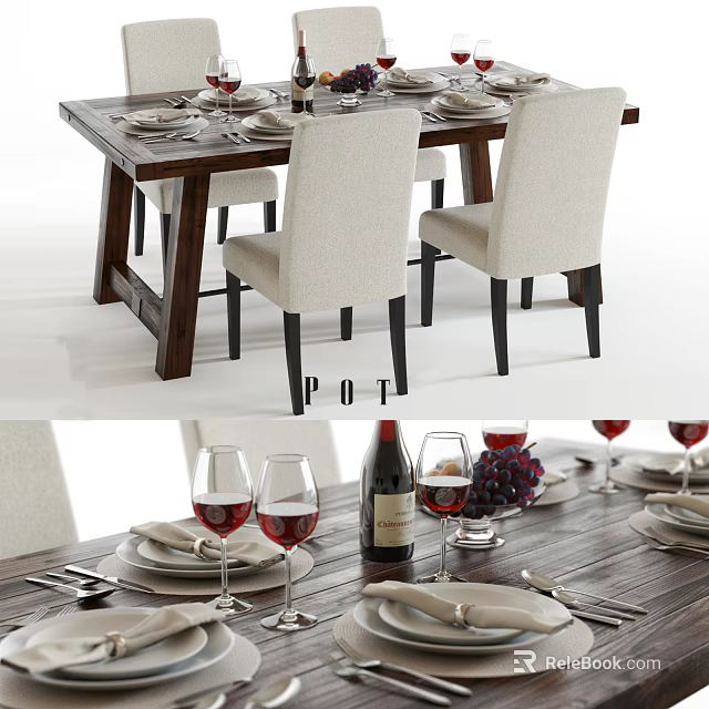 Elegant Dining Table Set With Chairs Plates Wine Glasses And Grapes 3d model