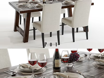 Elegant Dining Table Set With Chairs Plates Wine Glasses And Grapes 3d model
