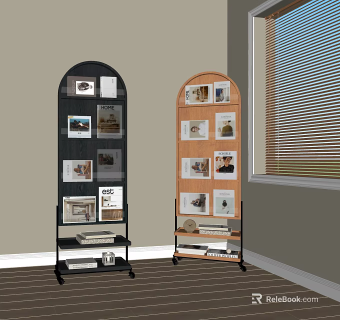 Black And Wooden Arched Bookcases With Photo Frames Books And Decorative Items Near Window 3d model 