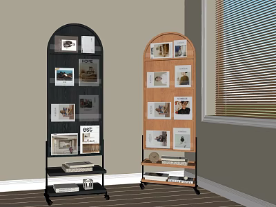 Black And Wooden Arched Bookcases With Photo Frames Books And Decorative Items Near Window 3d model