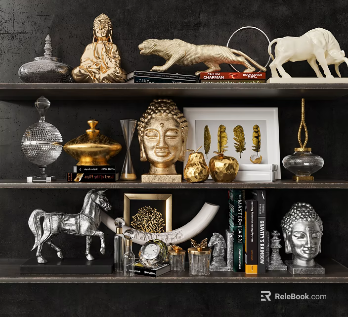 Decorative Gold Silver Ornament Set With Animal Figurines Buddha Head Vase Frame On Shelf 3d model 