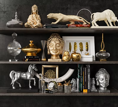 Decorative Gold Silver Ornament Set With Animal Figurines Buddha Head Vase Frame On Shelf 3d model