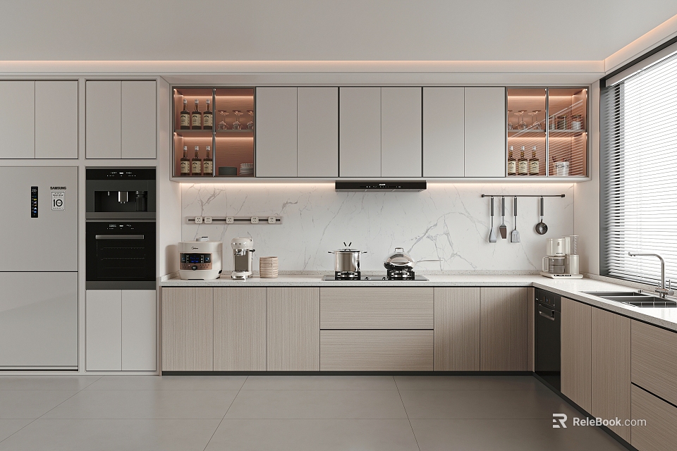 Modern Kitchen Interior With White Cabinets Marble Countertops Open Shelves And Appliances 3d model 