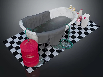 Bathroom Scene with White Bathtub Gray Curtain Red Bucket Green Hose Checkered Mat and Toiletries 3d model