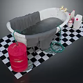 Bathroom Scene with White Bathtub Gray Curtain Red Bucket Green Hose Checkered Mat and Toiletries