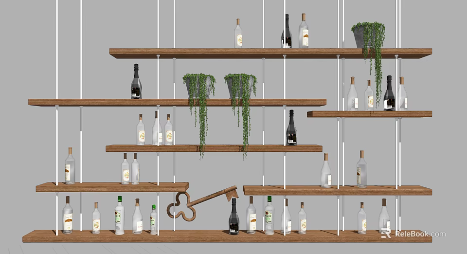 Wooden Wine Cabinet With Multiple Shelves And Wine Bottles And Green Hanging Plants 3d model 