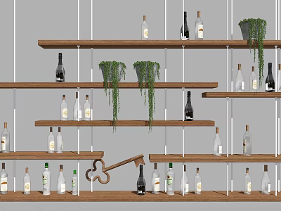Wooden Wine Cabinet With Multiple Shelves And Wine Bottles And Green Hanging Plants 3d model