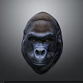 Realistic Gorilla Head Portrait With Orange Eyes And Textured Fur On Neutral Gray Background