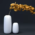 White Ribbed Vases With Golden Flowers In Two Sizes For Modern Dark Background Decor