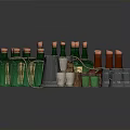 Assorted Household Items Including Green Bottles Wooden Barrels And Metal Cups