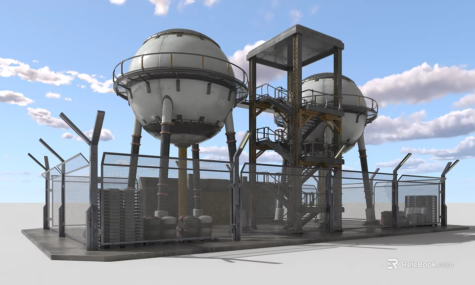 Industrial Equipment Featuring Spherical Storage Tanks Metal Framework And Safety Fencing 3d model 