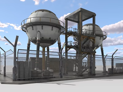 Industrial Equipment Featuring Spherical Storage Tanks Metal Framework And Safety Fencing 3d model