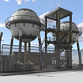 Industrial Equipment Featuring Spherical Storage Tanks Metal Framework And Safety Fencing