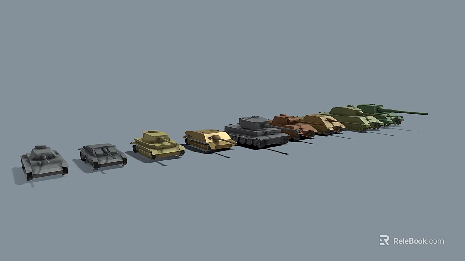 Various Military Vehicle Models in Different Colors Lined Up on Gray Background 3d model 