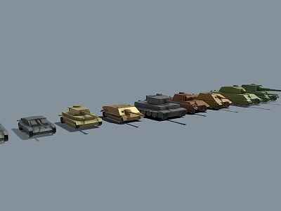 Various Military Vehicle Models in Different Colors Lined Up on Gray Background 3d model