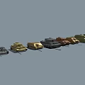 Various Military Vehicle Models in Different Colors Lined Up on Gray Background
