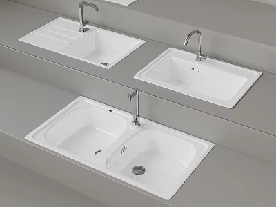 Three Modern White Bathroom Washbasins With Sleek Gray Countertop And Faucets Design 3d model