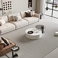 Modern Living Room Interior With Beige Sofa Round Coffee Table And Brown Accent Chair