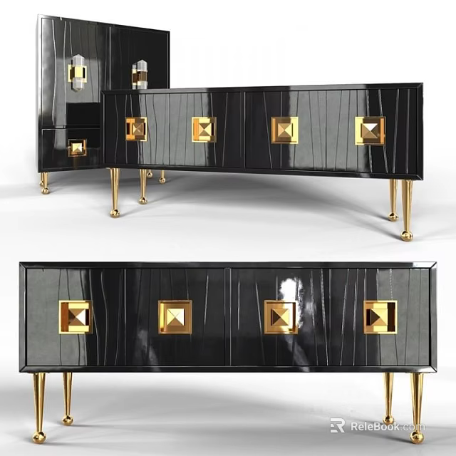 Luxurious Glossy Black TV Stand With Gold Accent Panels And Metallic Legs 3d model 