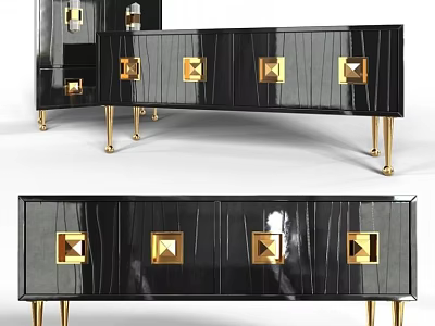 Luxurious Glossy Black TV Stand With Gold Accent Panels And Metallic Legs 3d model