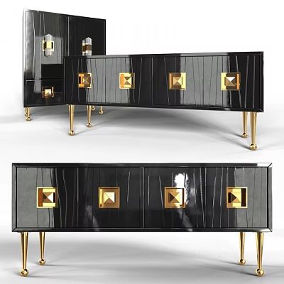 Luxurious Glossy Black TV Stand With Gold Accent Panels And Metallic Legs 3d model
