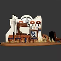 Vibrant Cartoon Scene With White Building Staircase Blue Tables Chairs And Decorative Art
