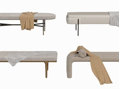 Modern Upholstered Ottoman With Neutral Fabric Metal Wooden Legs And Decorative Blanket 3d model