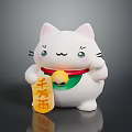 White Lucky Cat Figurine With Green Eyes Red Collar Golden Bell And Fortune Sign