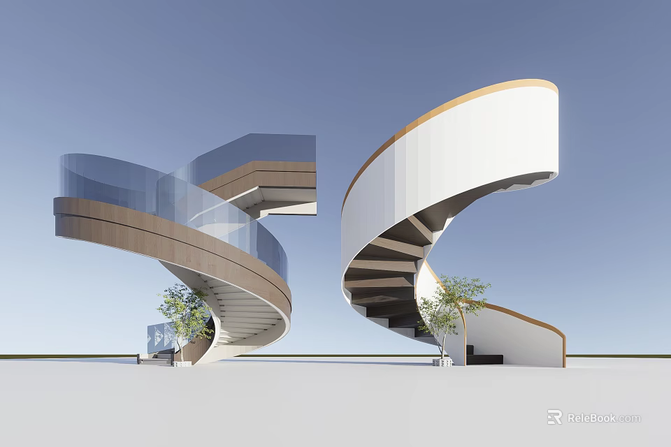 Modern Spiral Staircase Design With Glass Railing Wooden White Structure And Green Plant 3d model 