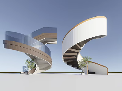 Modern Spiral Staircase Design With Glass Railing Wooden White Structure And Green Plant 3d model
