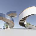 Modern Spiral Staircase Design With Glass Railing Wooden White Structure And Green Plant