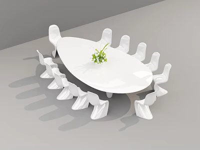 Modern White Oval Table and Chairs Set with Small Green Plant in Minimalist Interior 3d model