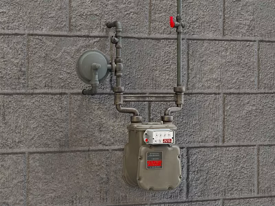 Gray Brick Wall Mounted Gas Meter With Pipes And Red Valve 3d model