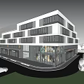 Modern Multi Story Building with Glass Curtain Walls on Street with Pedestrians and Cars
