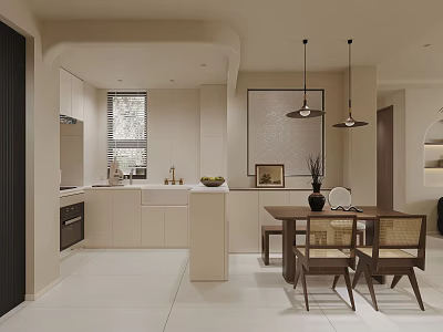 Modern Restaurant Interior Design With Beige Cabinets Wooden Dining Table White Countertops And Pendant Lights 3d model