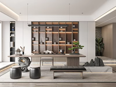 Modern Tea Room Interior With Wooden Table Shelves Warm Lights And Green Plants 3d model