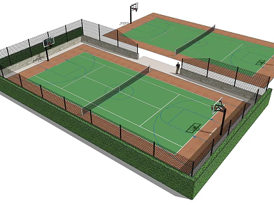 Outdoor Basketball Courts With Green Surfaces Brown Borders Fencing And Lighting 3d model